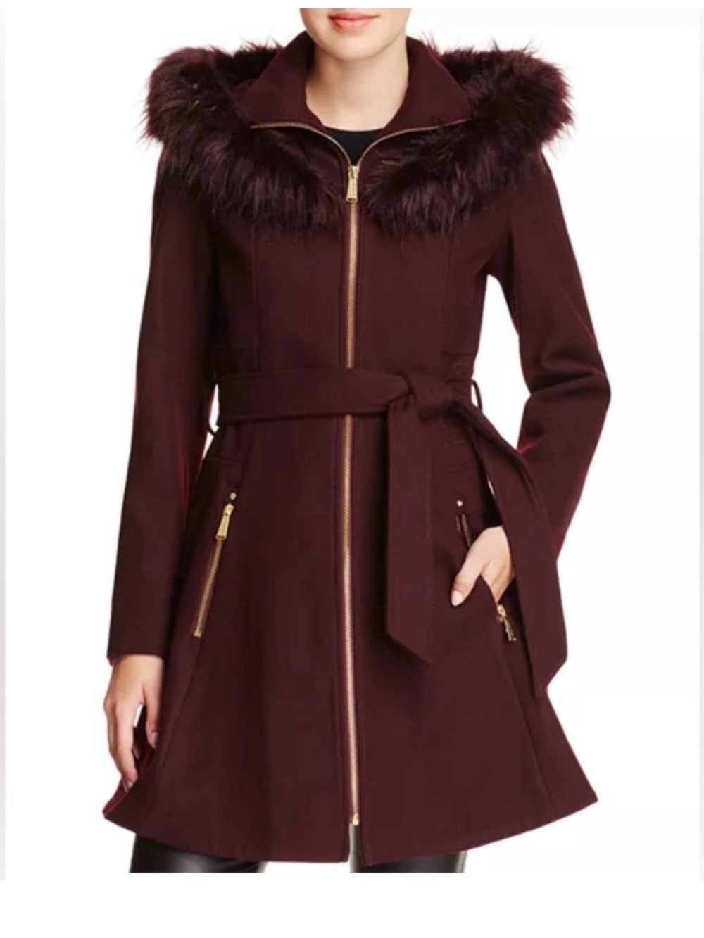 Laundry By Shelli Segal Burgundy Wool-Blend Coat with Faux Fur Trim